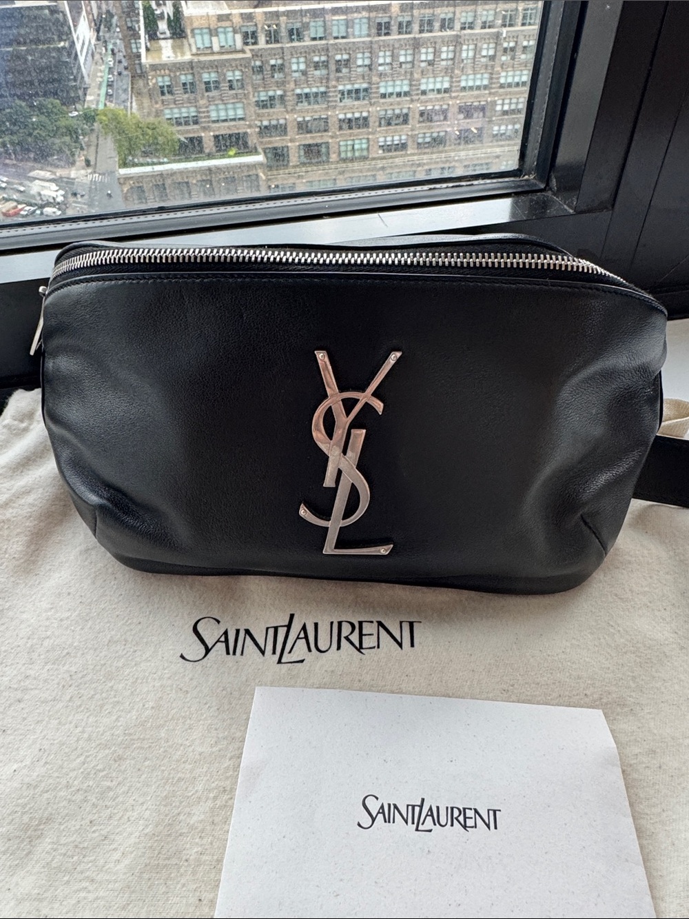 Saint Laurent Black Leather Belt Bag with Silver YSL Emblem